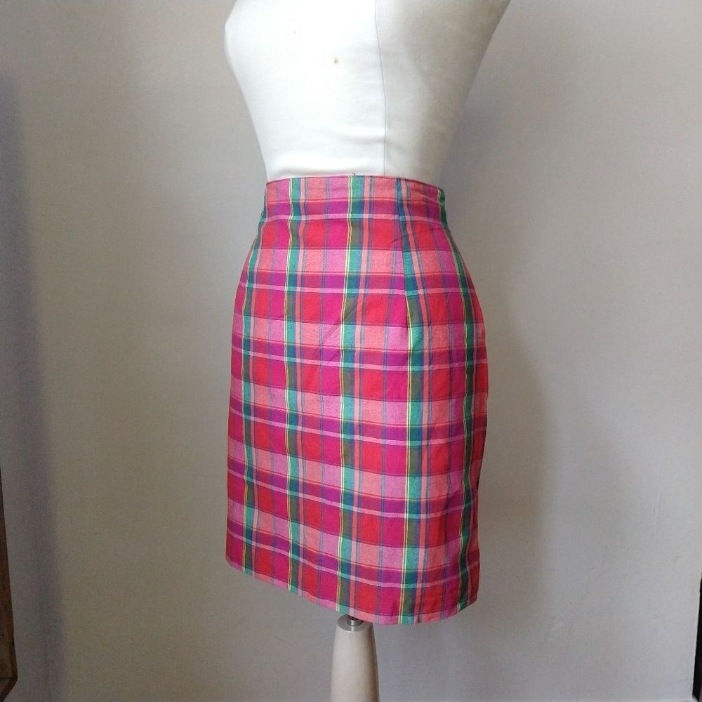 Vintage Bright Pink Plaid Pencil Skirt 29" Waist